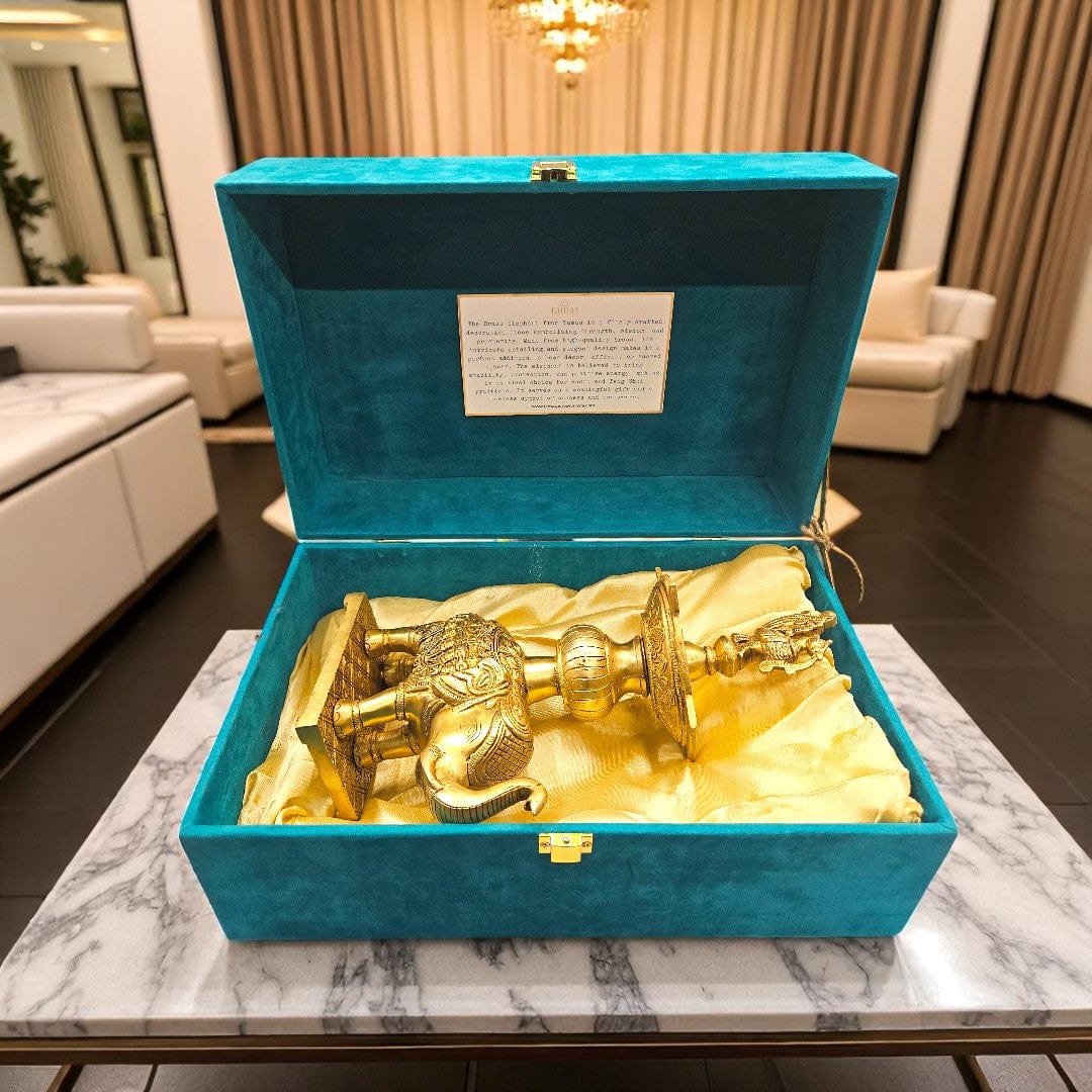 Tamas Brass Handcrafted Golden Decorative Elephant Brass Diya Stand  with Antique Finish (3 x 5 x12 Inches, Golden) (Pack of 1)